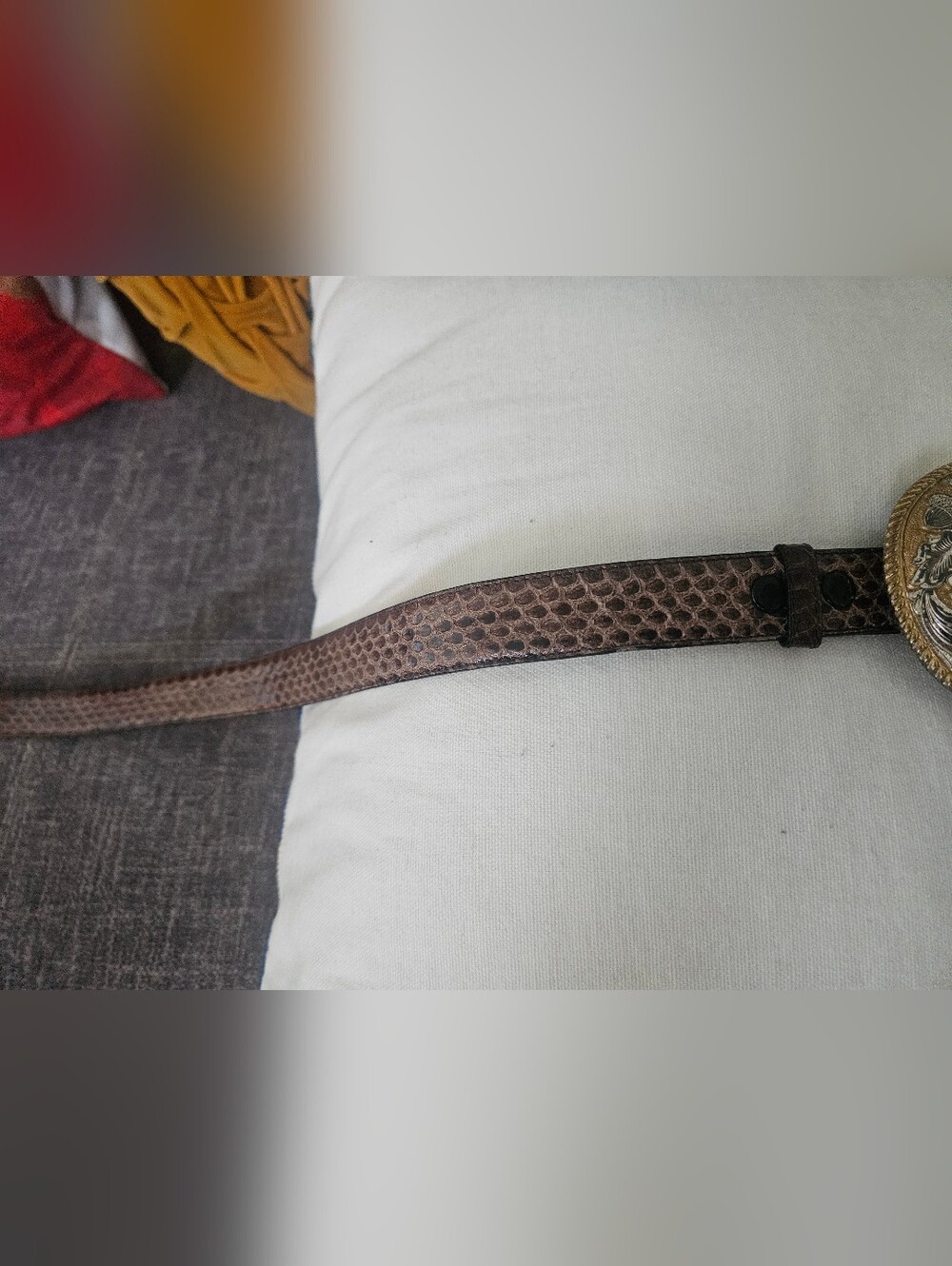 Vintage Genuine Snakeskin Belt With Crumrine Ornate Heavy Silver Ovr Bronze Belt - Picture 10 of 16